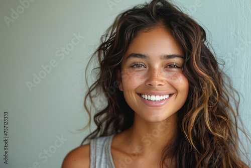 A beautiful asian indian model woman smiling with clean teeth isolated on white background.