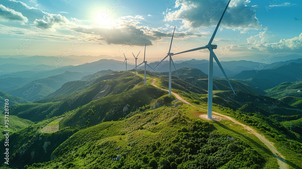 Aerial view of Wind turbines generating green power high in mountains.