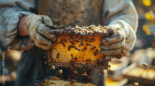 Beekeeper pulls out a frame with honey from the beehive.