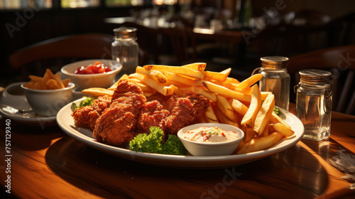 Crispy fried chicken tenders and french fries on table.