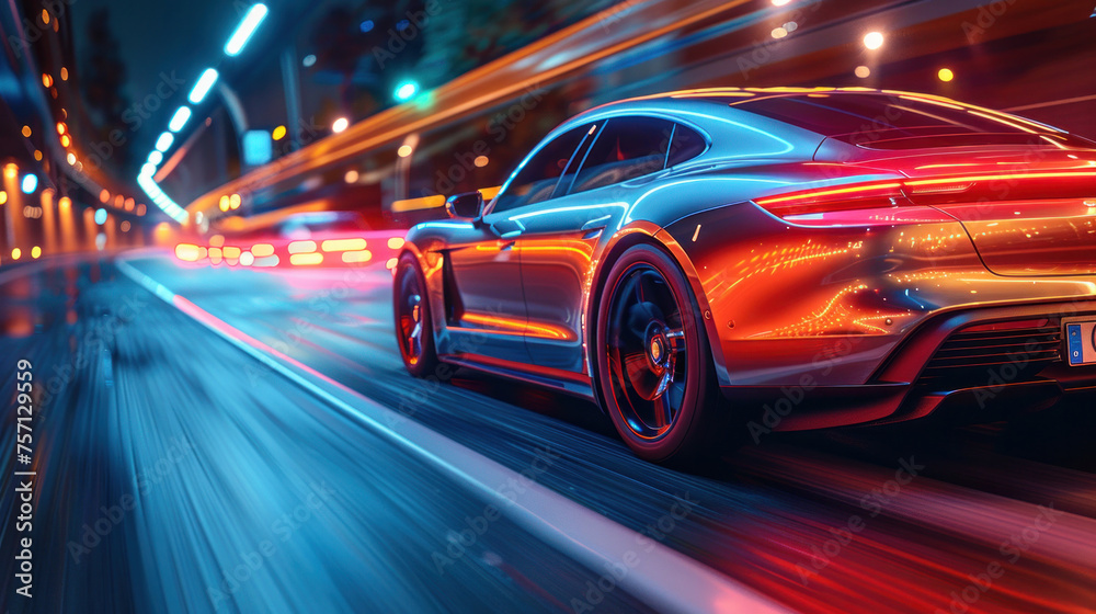 EV car with motion lighting. Automotive innovation and technology concepts. EV car with motion lighting. Automotive innovation and technology concepts.