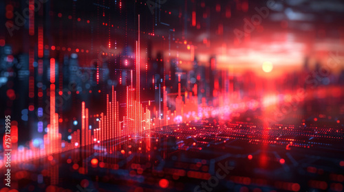 Financial charts of stock market lines over dark background. Digital screen. Concept of finance advisory and international consulting.