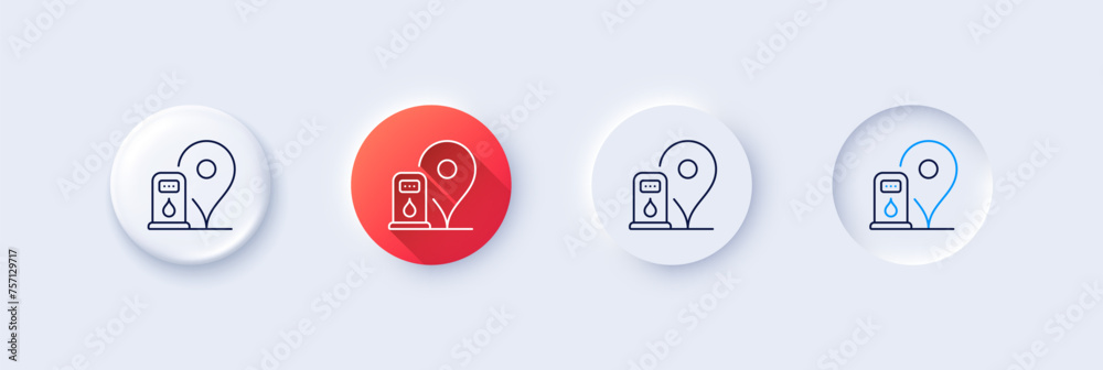 Petrol station line icon. Neumorphic, Red gradient, 3d pin buttons. Filling gas station location sign. Diesel fuel symbol. Line icons. Neumorphic buttons with outline signs. Vector Petrol station line icon. Neumorphic, Red gradient, 3d pin buttons. Filling gas station location sign. Diesel fuel symbol. Line icons. Neumorphic buttons with outline signs. Vector
