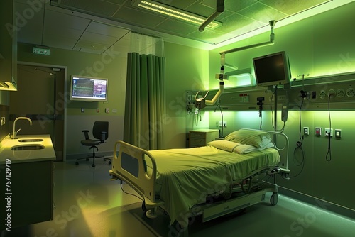 a hospital room with bed  chair  sink and TV  in the style of light amber and green  new contemporary  british topographical  softbox lighting  elaborate  colourful  multiple screens 