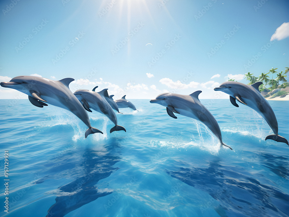 Fototapeta premium Ocean Acrobatics: Playful Dolphins Leap in Azure Paradise. generative AI