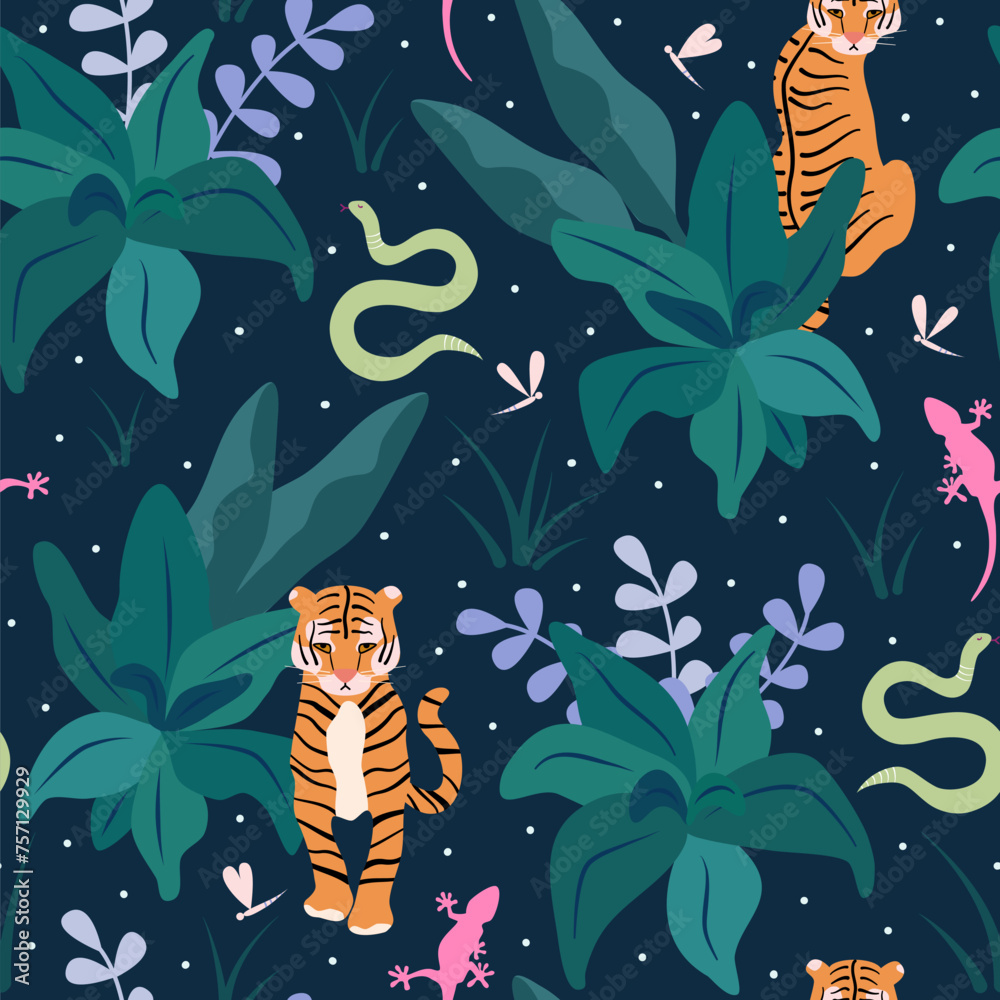 Fototapeta premium cute hand drawn seamless vector pattern illustration with tigers, colorful plants and leaves, green snake on blue background