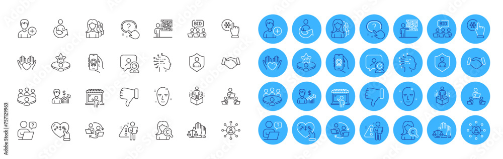 Augmented reality, Networking and Business skill line icons pack. Security, Health skin, Court jury web icon. Teamwork, Video conference, Hold heart pictogram. Share, Search employee. Vector