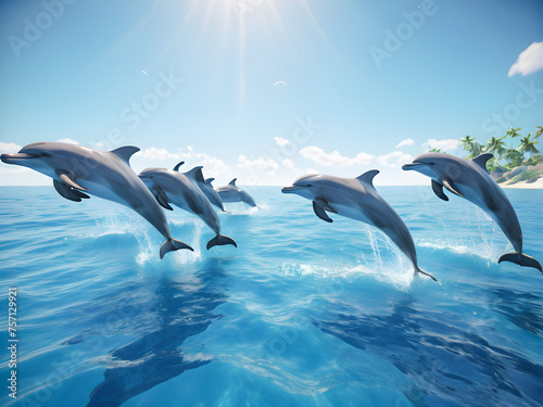 Ocean Acrobatics  Playful Dolphins Leap in Azure Paradise. generative AI