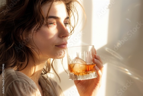 Elegant woman enjoying a classic Sazerac cocktail in sunlight