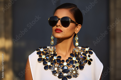 Woman model demonstrating chunky statement paired necklace. Generative AI