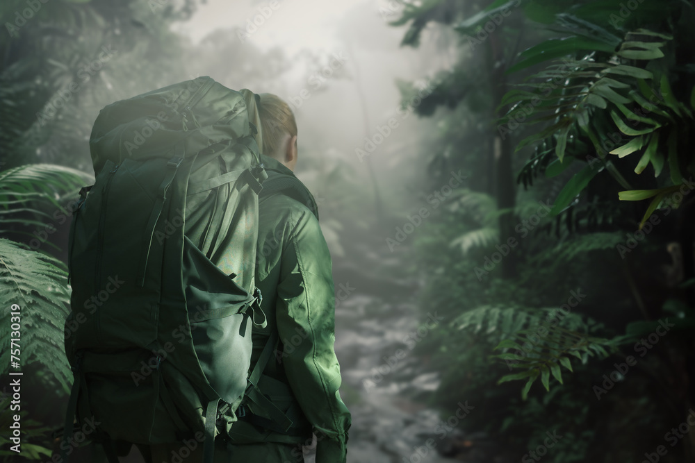 
ChatGPT
Description:
A solitary hiker with a large backpack gazes into a mist-covered tropical rainforest, evoking a sense of adventure and exploration. The lush greenery, shrouded in fog, adds a lay