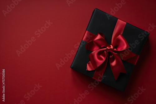A luxurious black gift box adorned with a vibrant red satin ribbon