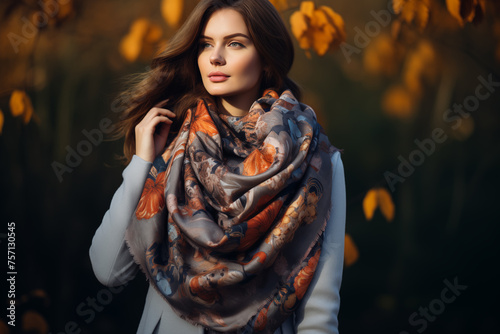 Portrait of beautiful woman over autumn background. Generative AI
