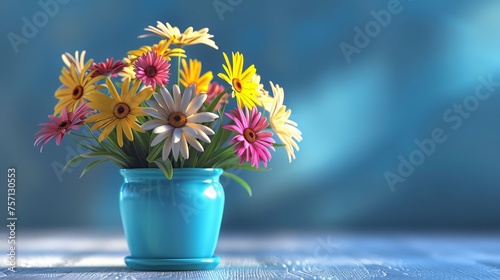 A vibrant blue vase overflows with a kaleidoscope of colorful blooms, creating a cheerful and lively scene © Muhammad