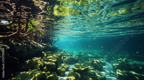 Underwater photograph of a mangrove forest with flooded trees and an underwater ecology.