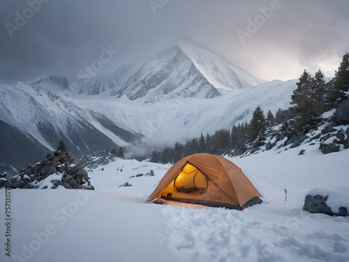 snowy mountains. Battling the Blizzard: Tent Stands Strong Against Snowy Peaks. generative AI