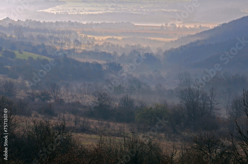 Foggy hilly landscape in March