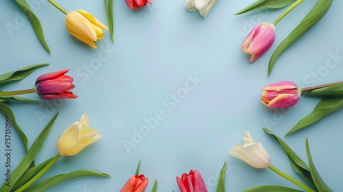 Vibrant red tulips arranged on a soft background, creating a fresh and cheerful springtime frame with copy space