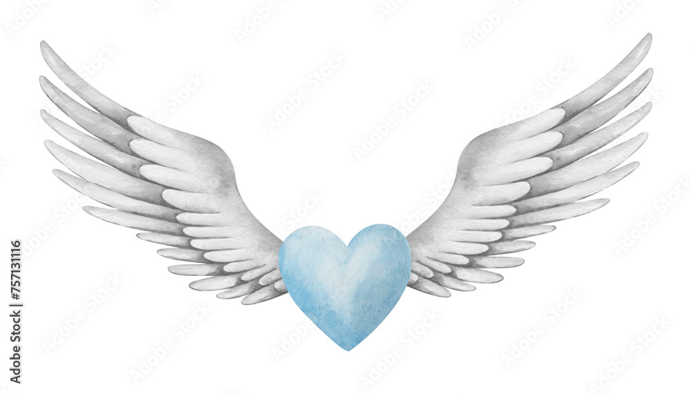 Watercolor illustration. Hand painted blue heart with grey spread wings as angel. Cupid, cherub. Love symbol. Wings with feathers. Isolated clip art for weddings. Love card for Valentine's Day