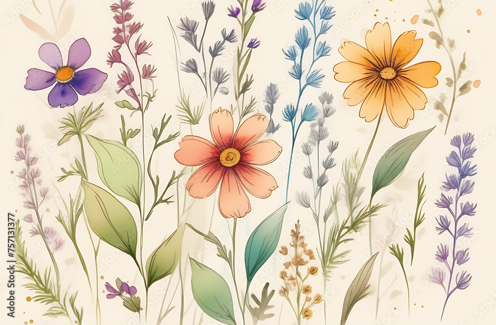 Beautiful spring flowers on a beige background, vintage watercolor drawing