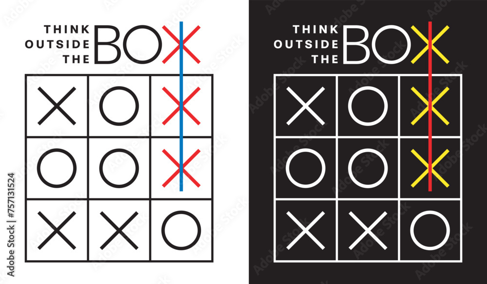Tic tac toe game think outside the box stock vector illustration on white and black background - obrazy, fototapety, plakaty 
