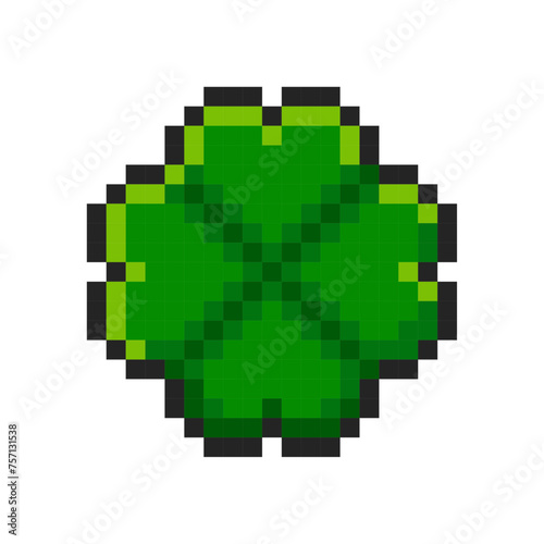 Pixel four-leaf clover isolated on white background. Trefoil lucky flower icon. Slot machine or video game item. Saint Patrick's Day pixel art vector illustration in 8bit old style.