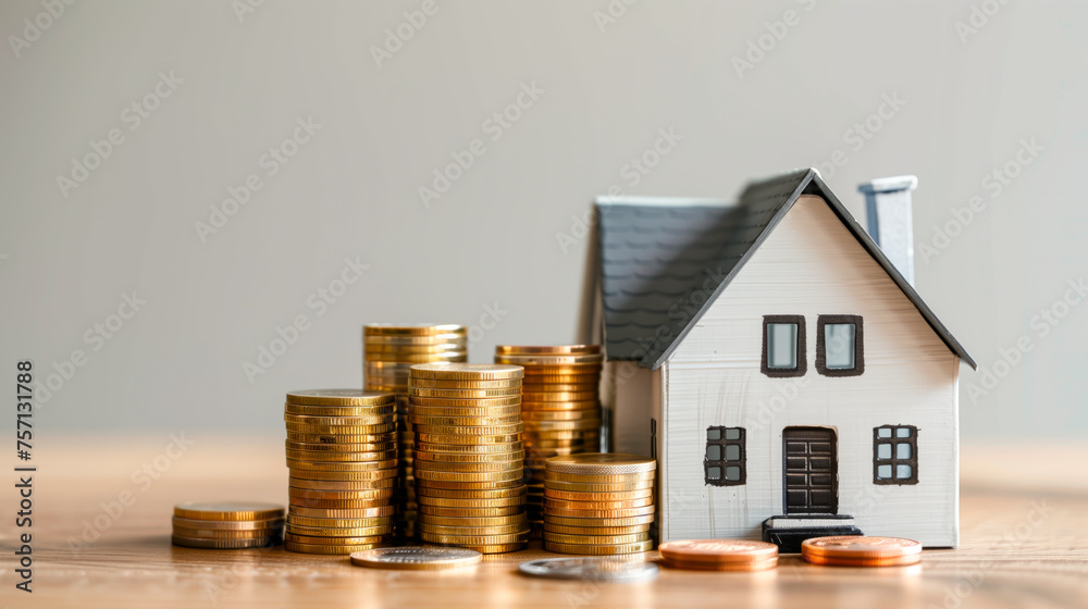 Miniature house with coin stacks, mortgage, real estate and savings concept. Miniature house with coin stacks, mortgage, real estate and savings concept.