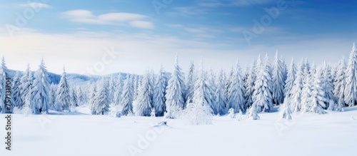 A winter wonderland with snowcovered trees, mountains in the background, and a freezing natural landscape under a cloudy sky