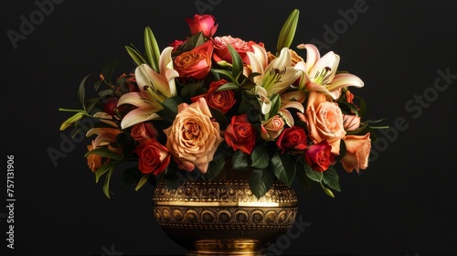 Various colored flowers fill a ceramic vase, creating a vibrant and lively centerpiece