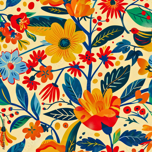 Bold Vintage Spring Floral: Retro Blossoms, Vivid Colors, Seamless Pattern, Crafted with Care, Created using generative AI 