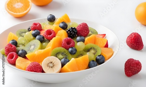 Colorful Assortment of Fresh Fruit salad in a White Bowl on a Clean Surface