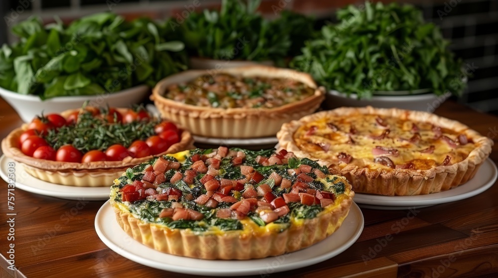 a table topped with pies covered in toppings and veggies next to a bowl of spinach.
