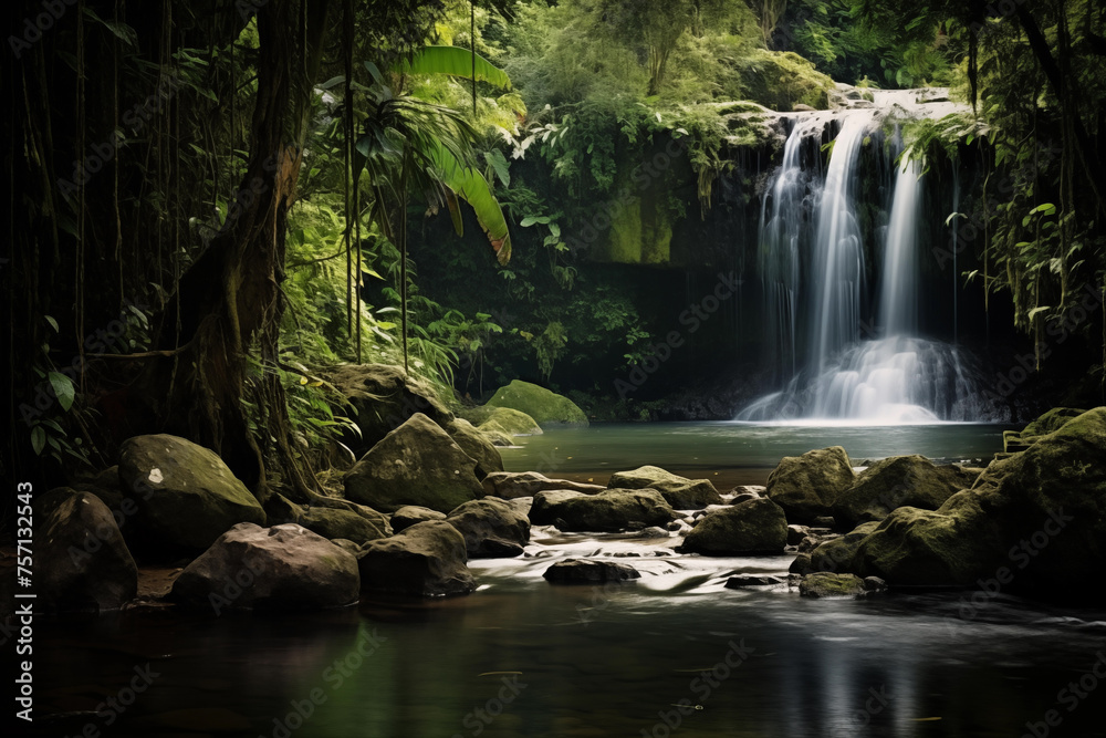 Waterfall surrounded by lush foliage. Generative AI Waterfall surrounded by lush foliage. Generative AI