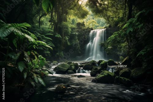 Serene waterfall surrounded by lush foliage. Generative AI