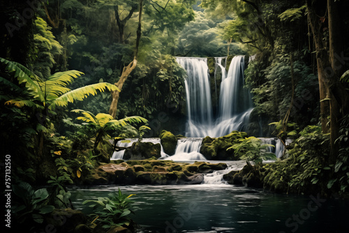 Waterfall surrounded by lush foliage. Generative AI