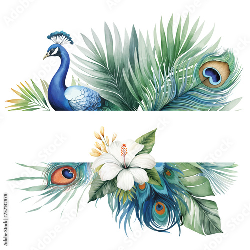 Watercolor tropical palm leaves frame with peacock feather
