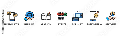 Public relations - pr banner web icon vector illustration concept with icon of communication, internet, journal, events, radio, tv, social media, and customer	