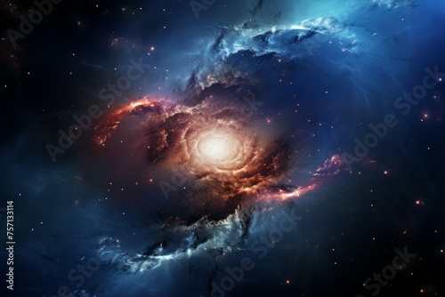 Spiral galaxy in a colorful nebula with star cluster