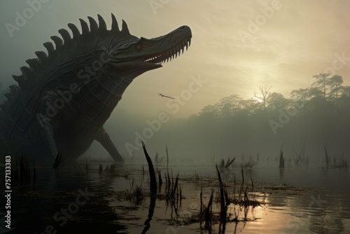 Spinosaurus emerging from a misty swamp