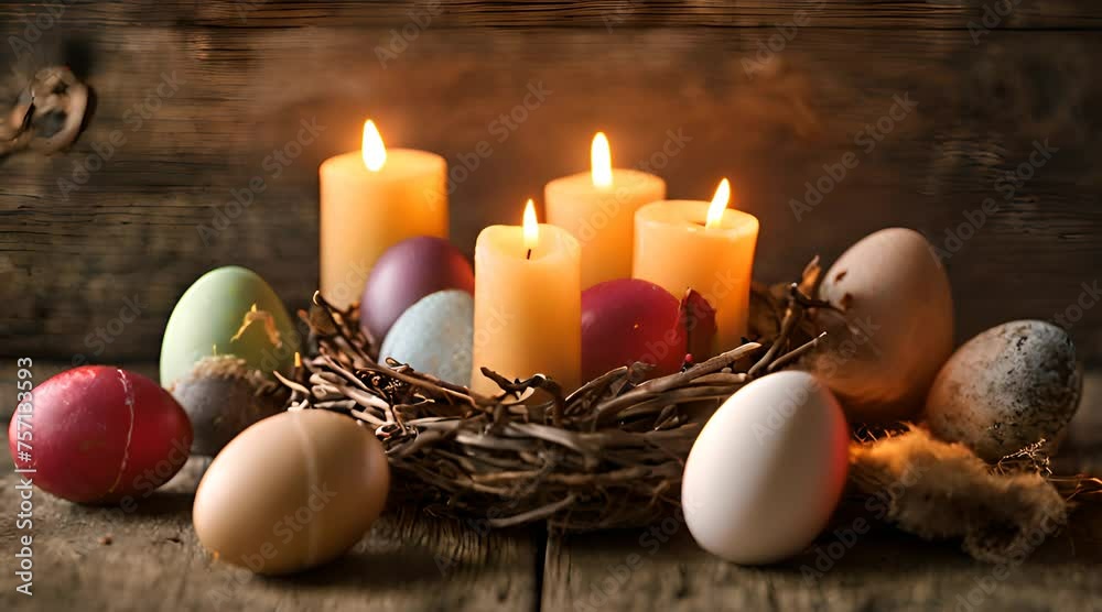 Easter eggs and candles on a wooden table in a rustic style Easter eggs and candles on a wooden table in a rustic style