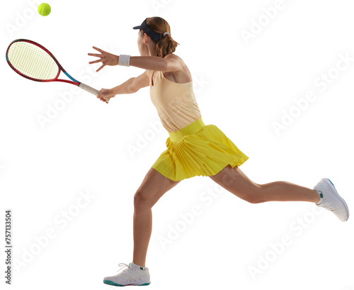 Studio shot of professional young female tennis player in sports uniform training with tennis racket against transparent background. Concept of sport, health, strength, action, motion, lifestyle. © Lustre