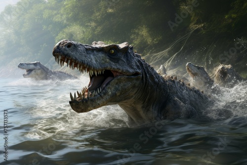 Baryonyx pack fishing in primeval river photo