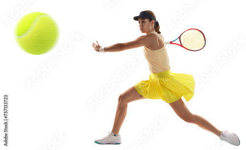 One young teen girl, tennis player in sports uniform playing tennis against transparent background. Concept of sport, motivation, achievement. Athlete with tennis racket. Banner with copy space photo