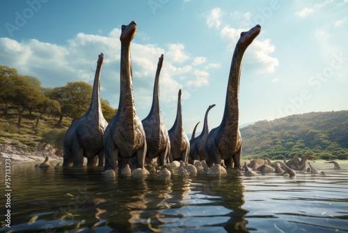 Brachiosaurus herd drinking from a lake