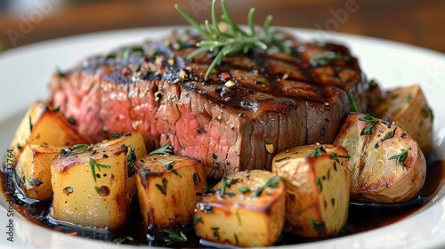 a close up of a plate of food with a piece of steak and potatoes on a plate with a sprig of rosemary. photo