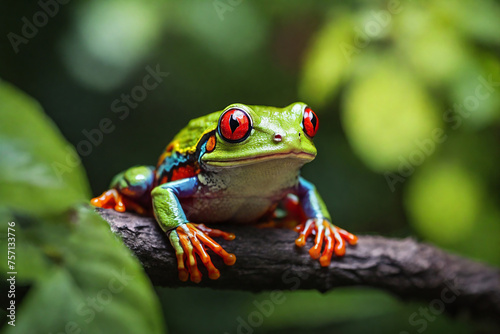 Red-eyed tree frog in the forest against the background of foliage