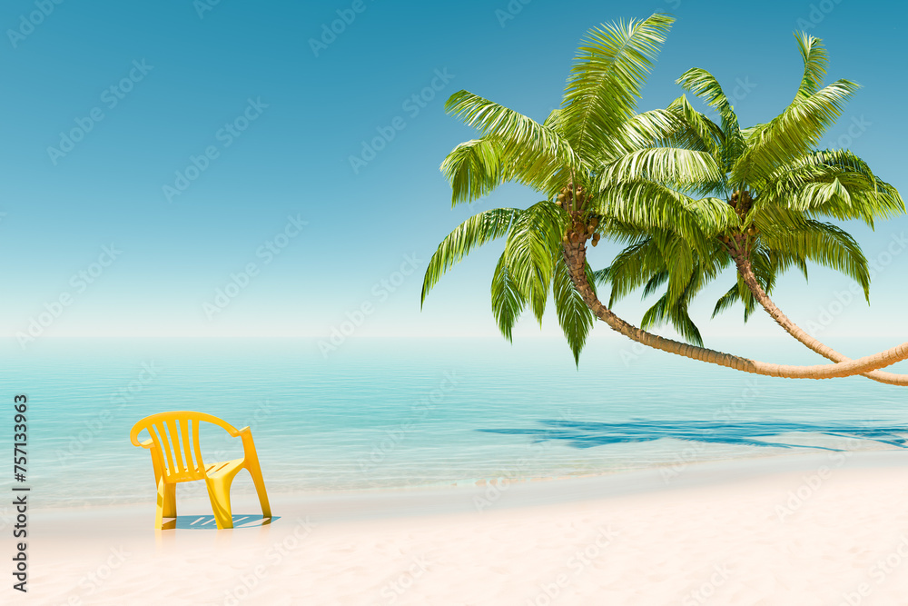Solitary Yellow Chair on Tropical Beach with Palm Trees