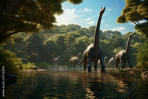 Herd of brachiosaurus drinking from prehistoric lake