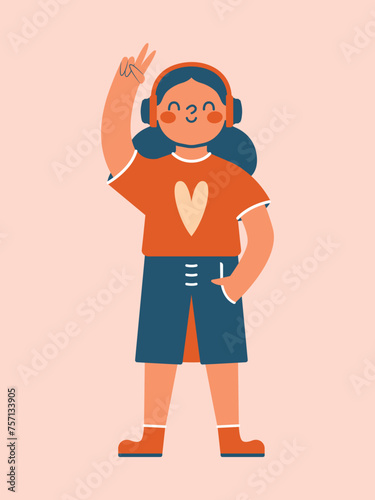 Teenage girl standing in headphones and listening music. Vector clip art for card, banner, flyer with cartoon cute illustration. Kawaii cheerful character. Flat design of happy kid. Hobby, leisure.