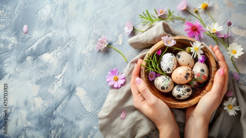 place for text. Easter eggs with spring flowers in a wooden bowl and hands on a rustic linen background. An aesthetic greeting to the seasons. Stylish Easter and quail eggs in natural dyes and spring 